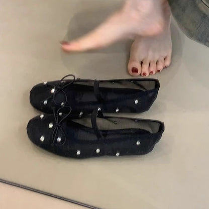 Damen Ballerinas Transparent Perlen Schmuck