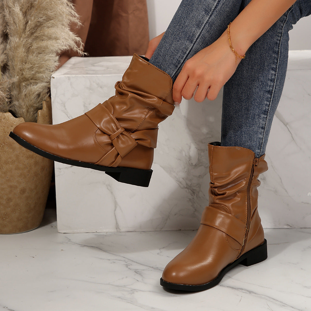 Damen Stiefeletten Modisch Falten Design Schleifenverschluss