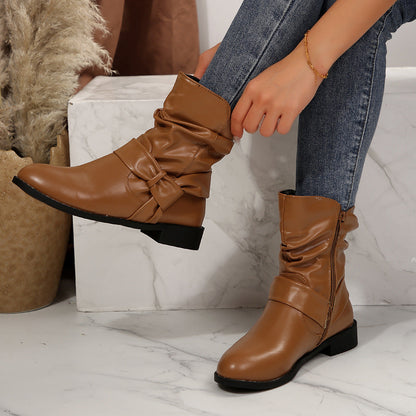 Damen Stiefeletten Modisch Falten Design Schleifenverschluss
