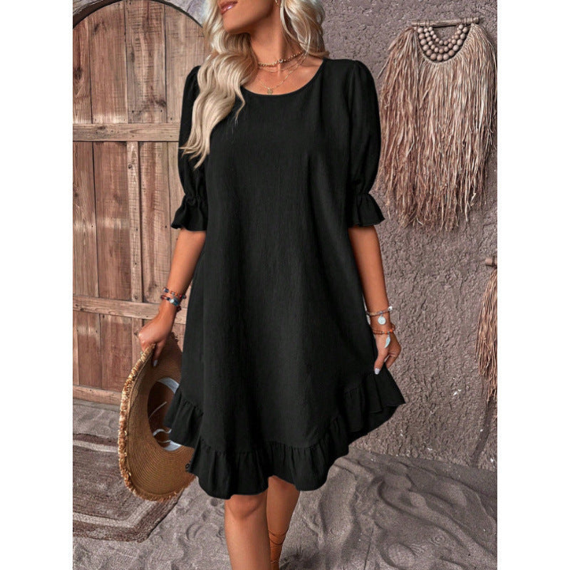 BerlinGlamour lockeres Kleid mit Swing-Ärmeln und Rundhalsausschnitt