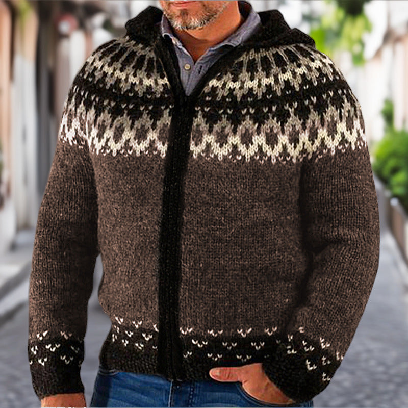 Herren Strickjacke Norweger Muster Kapuze Warm