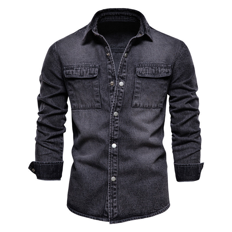 Herren Denim Hemd Lässig Doppelte Brusttaschen Casual