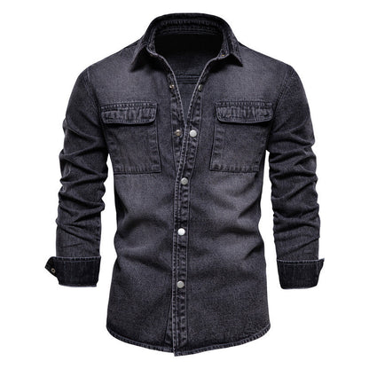 Herren Denim Hemd Lässig Doppelte Brusttaschen Casual