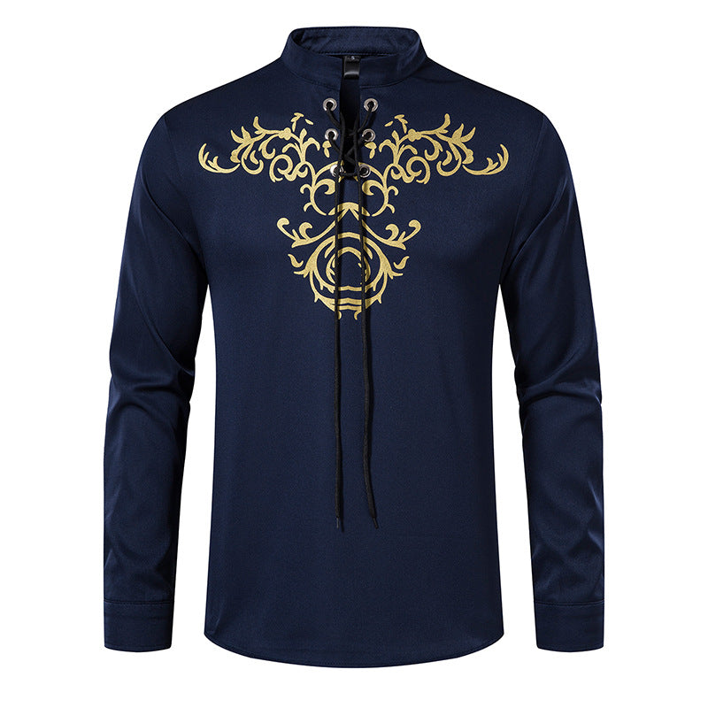 Herren Langarmshirt Asiatisch Modern Schnürung Design