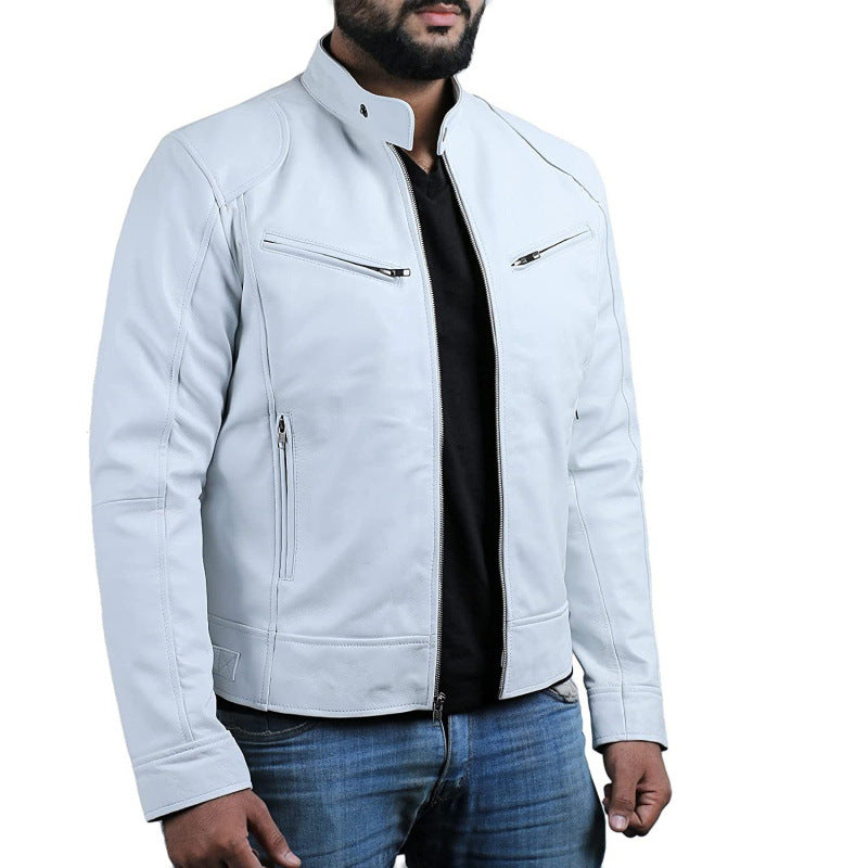 Lederjacke Herren Bikerjacke Stehkragen Reißverschluss