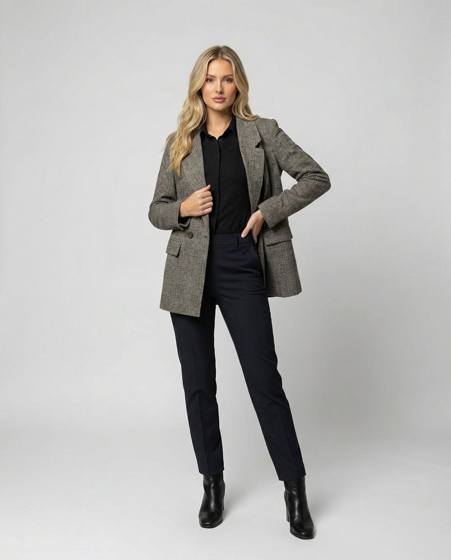 Damen Blazer Weit Geschnitten Karo Modern Eingriffstaschen - BerlinGlamour