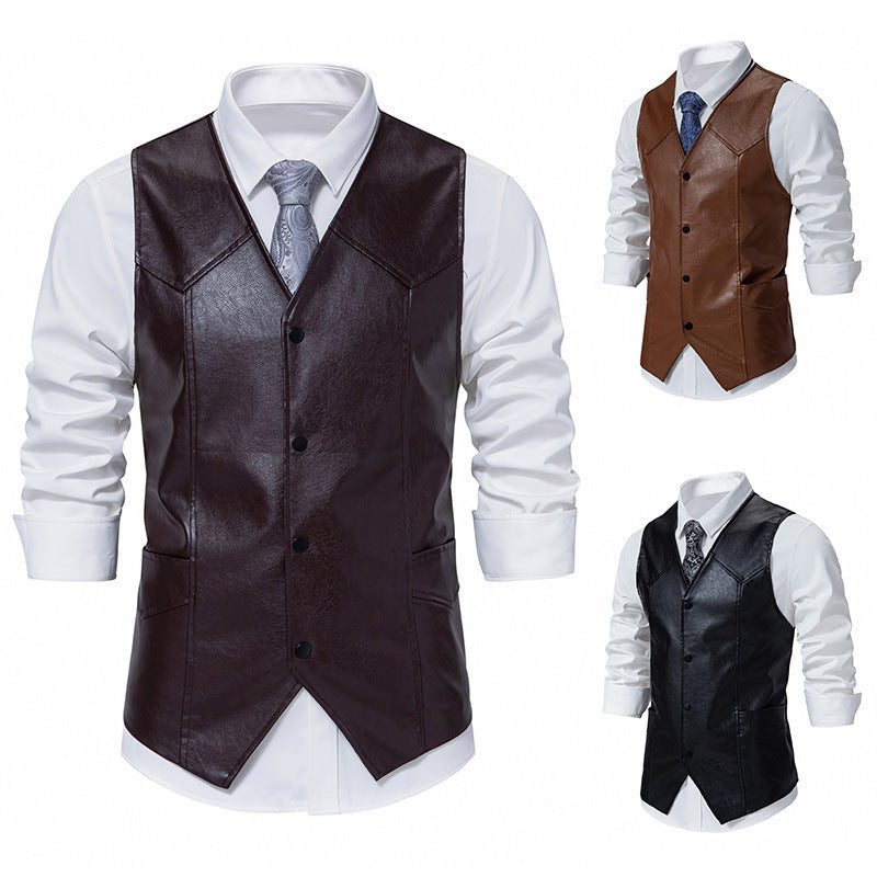 Herren Lederweste Elegant mit Taschen Schwarz Ledermantel