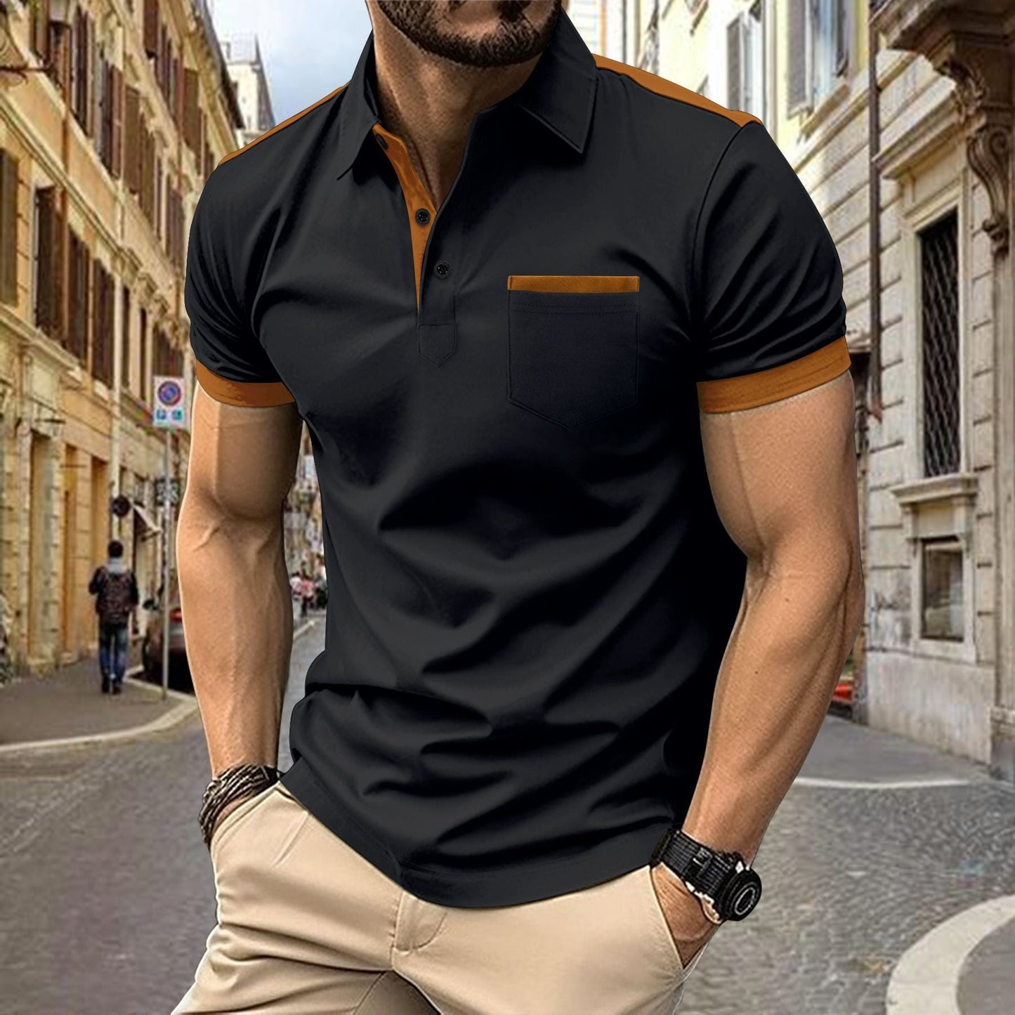 Herren Polohemd Kurzarm Modern mit Kragen und Brusttasche