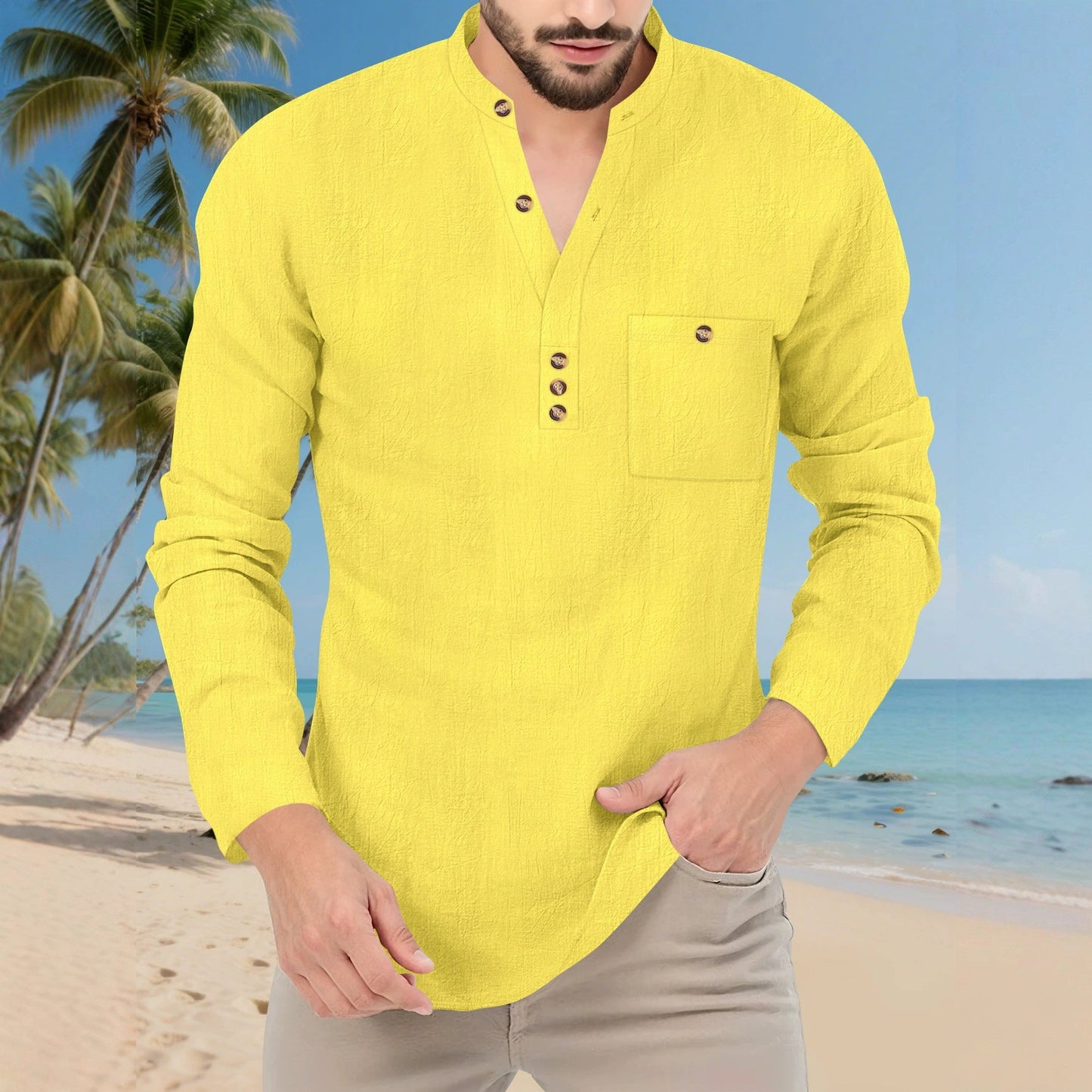 Herren Langarmshirt Mit Knopfleiste Und Brusttasche Modern Casual