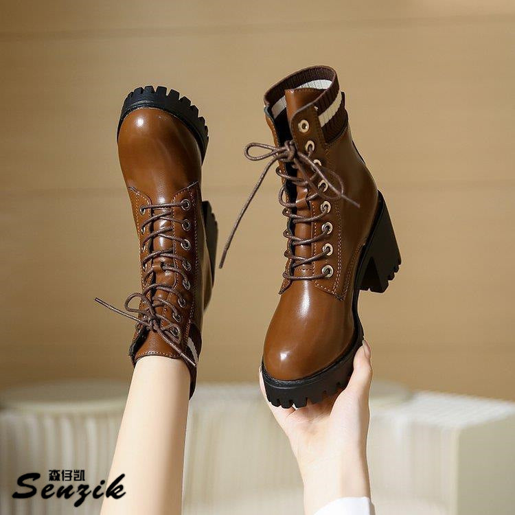 Damen Stiefel Schnürstiefel mit Blockabsatz Robust und Elastisch