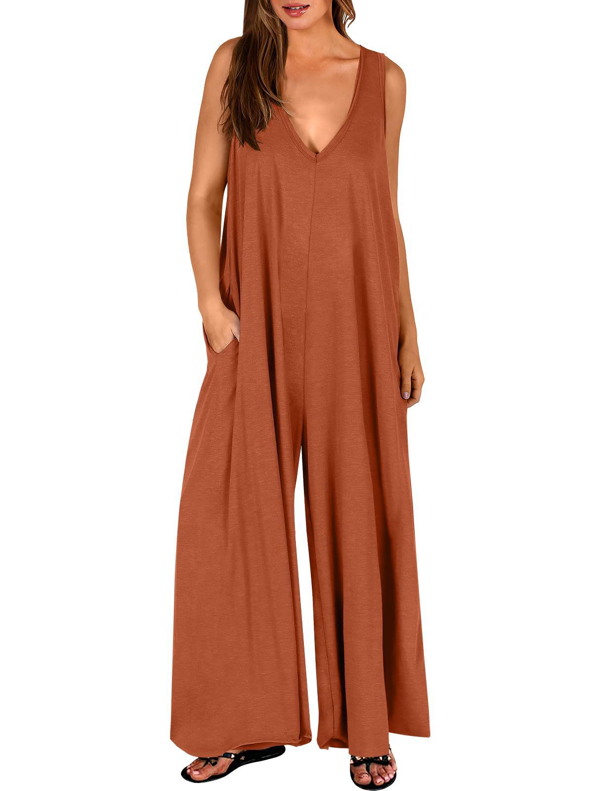 Damen Jumpsuit Locker Mit V-Ausschnitt Und Taschen