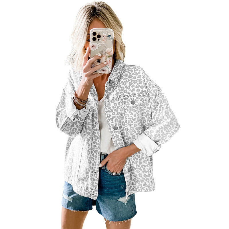 Damen Jeansjacke Lässig Mit Leopard-Druck Modern