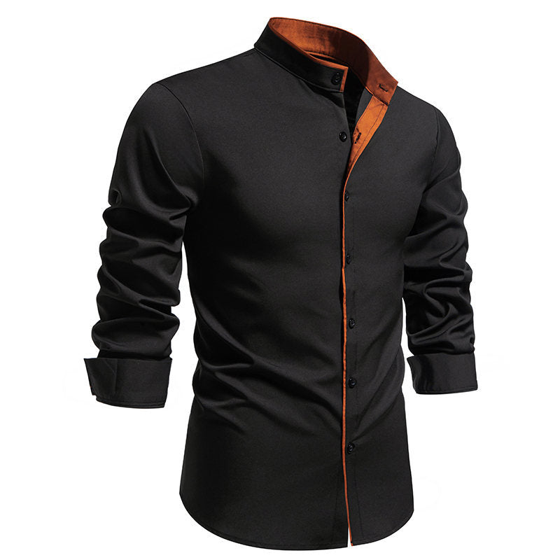 Elegantes Herren Langarmhemd Modern Stehkragen Kontrastnähte