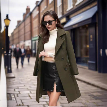 Damen Wollmantel Elegant Lang mit Taschen und Doppelknopf