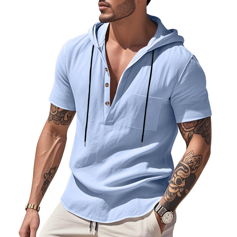 Herren Hoodie Kurzarm Hemd Kapuze Knopfleiste Trendig