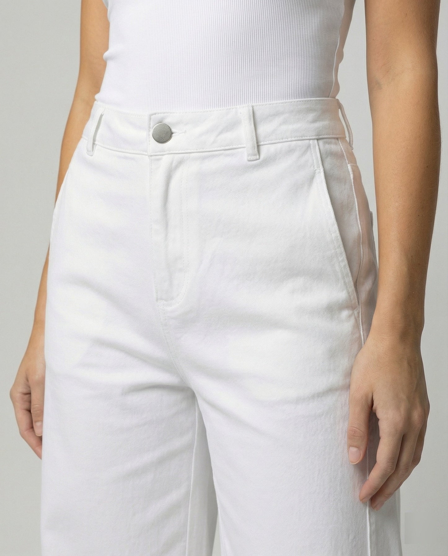 Damen Jeans High Waist Weite Bein Lange Hose Weiße Herbstmode