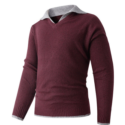 Herren Pullover V-Ausschnitt Hochwertig Kontrastkragen Modern