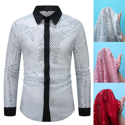 Herren Hemd Langarm Elegant mit Glanz Effekt und Schwarzer Kragen