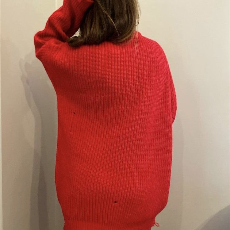 Damen Strickkleid Lang mit Lochmuster und Rundhalsausschnitt