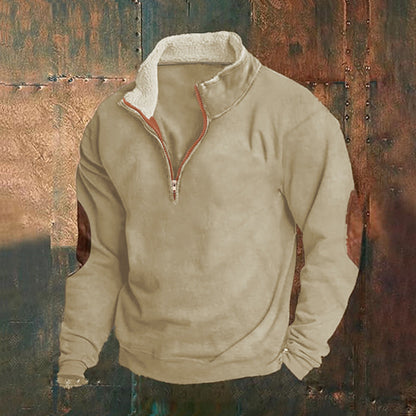 Herren Pullover Fleece Stehkragen Kontrast Ellenbogen - BerlinGlamour