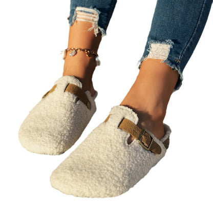 Damen Hausschuhe Kuschelig Fell Schnallen Design Warm