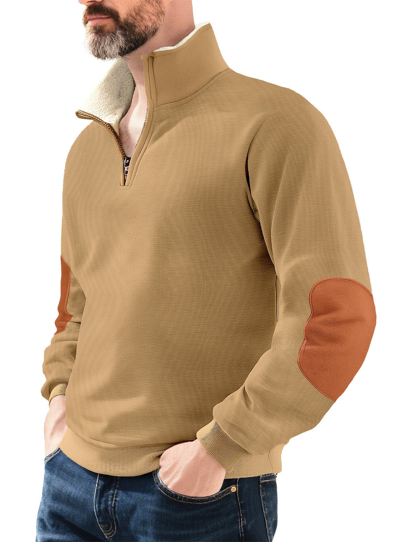Herren Pullover Fleece Stehkragen Kontrast Ellenbogen