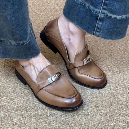 Damen Loafers Leder Elegante Schnalle Schwarz