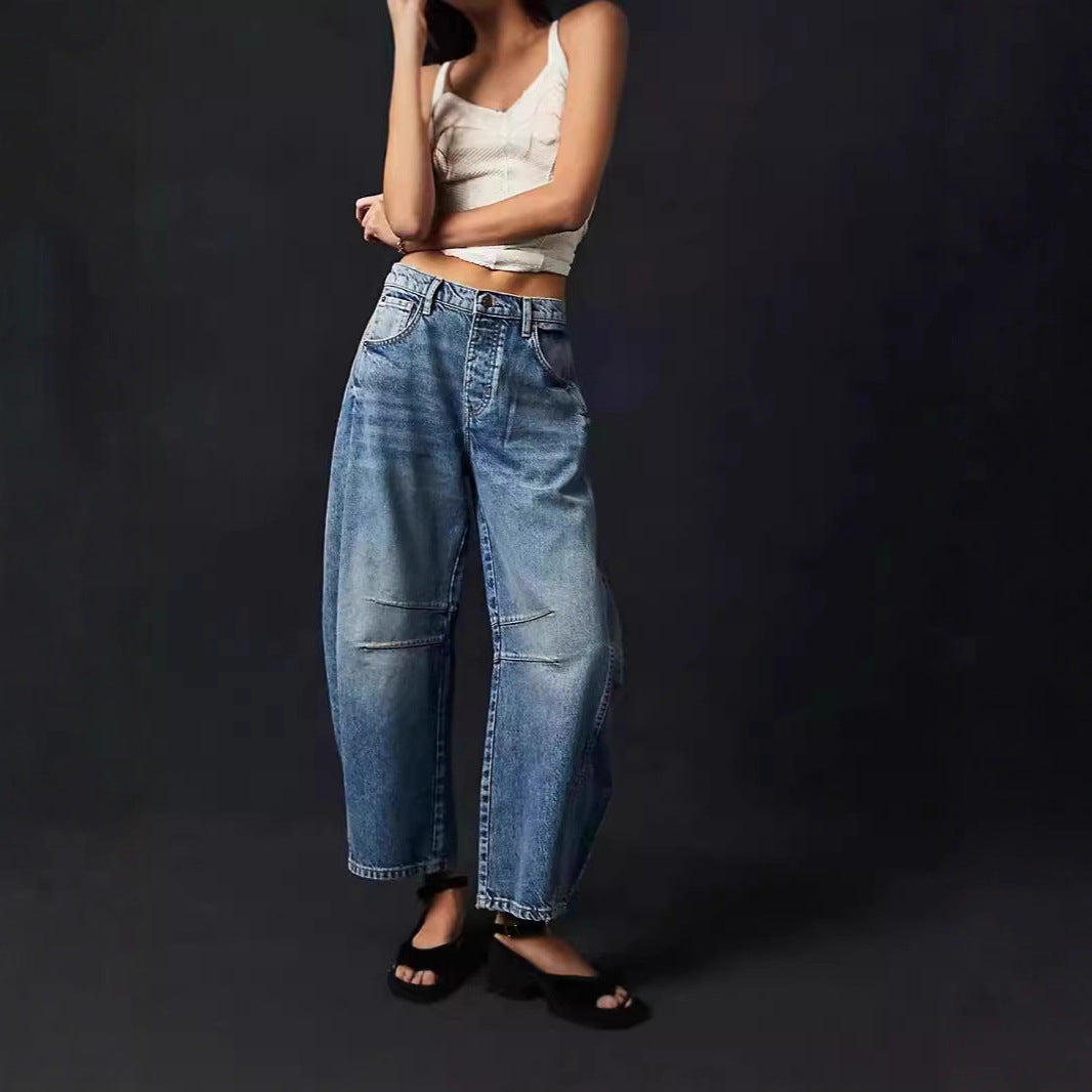 Damen Jeanshose Weite Bein Lässig Casual