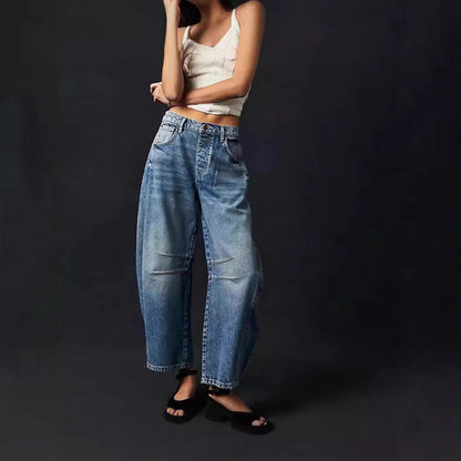 Damen Jeanshose Weite Bein Lässig Casual
