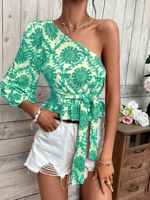 Damen Oberteil Asymmetrisch Voluminöser Ärmel Modern