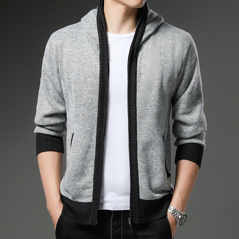Herren Strickjacke Modern mit Kapuze Schwarz Weiß
