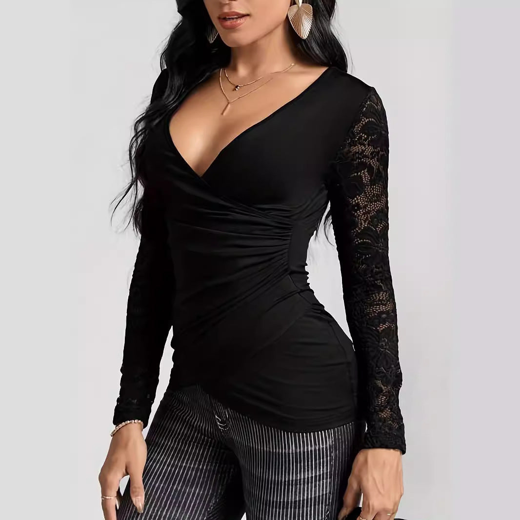 Damen Oberteil Mit Chic Wickelstil Und Spitzen Ärmeln Elegant - BerlinGlamour