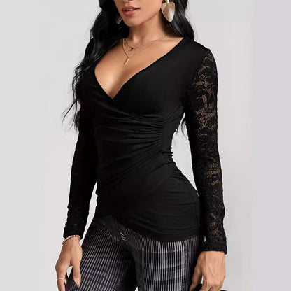 Damen Oberteil Mit Chic Wickelstil Und Spitzen Ärmeln Elegant - BerlinGlamour