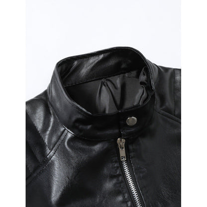 Herren Lederjacke Stehkragen Schwarz Ledermantel