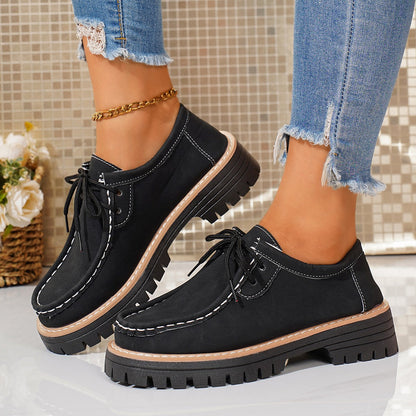 Damen Schnürschuhe Robustes Profil Feines Leder Schwarz