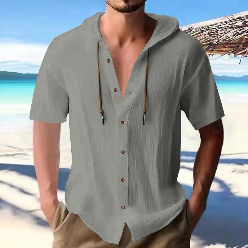 Herren Kapuzen-Hemd Kurzarm Relaxed Fit Holzknöpfe