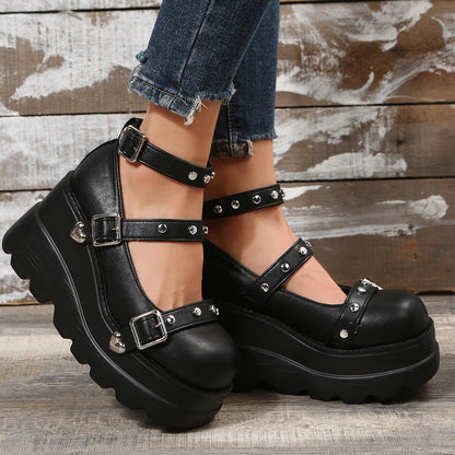 Damen Plateau Pantoletten Modisch Schnalle Nieten Damenschuhe