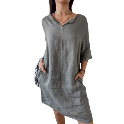 Damen Leinenkleid Sommerleicht mit Knöpfen und Taschen