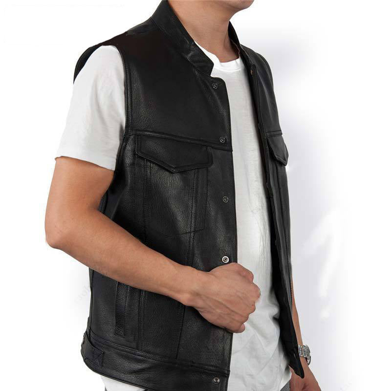 Lederweste Herren Modern mit Taschen Schwarz Ledermantel