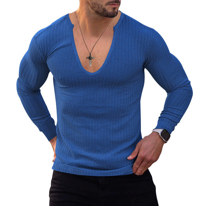 Herren Langarmshirt V-Ausschnitt Feine Rippstruktur Modern