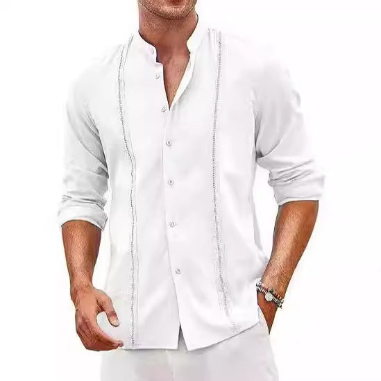 Herren Langarmhemd Elegant Stehkragen Feine Stickerei - BerlinGlamour