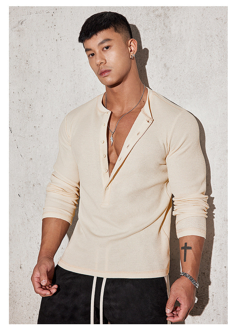 Herren Langarmshirt Waffelstruktur Modern mit Knöpfen