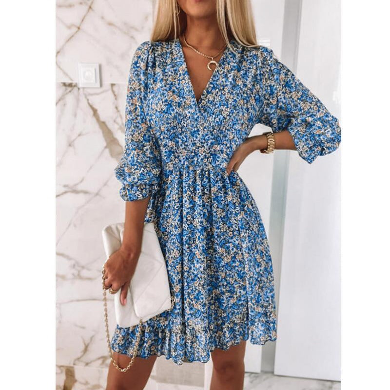 Damenkleid Bluse Romantisch Floral V-Ausschnitt Rüschenärmel