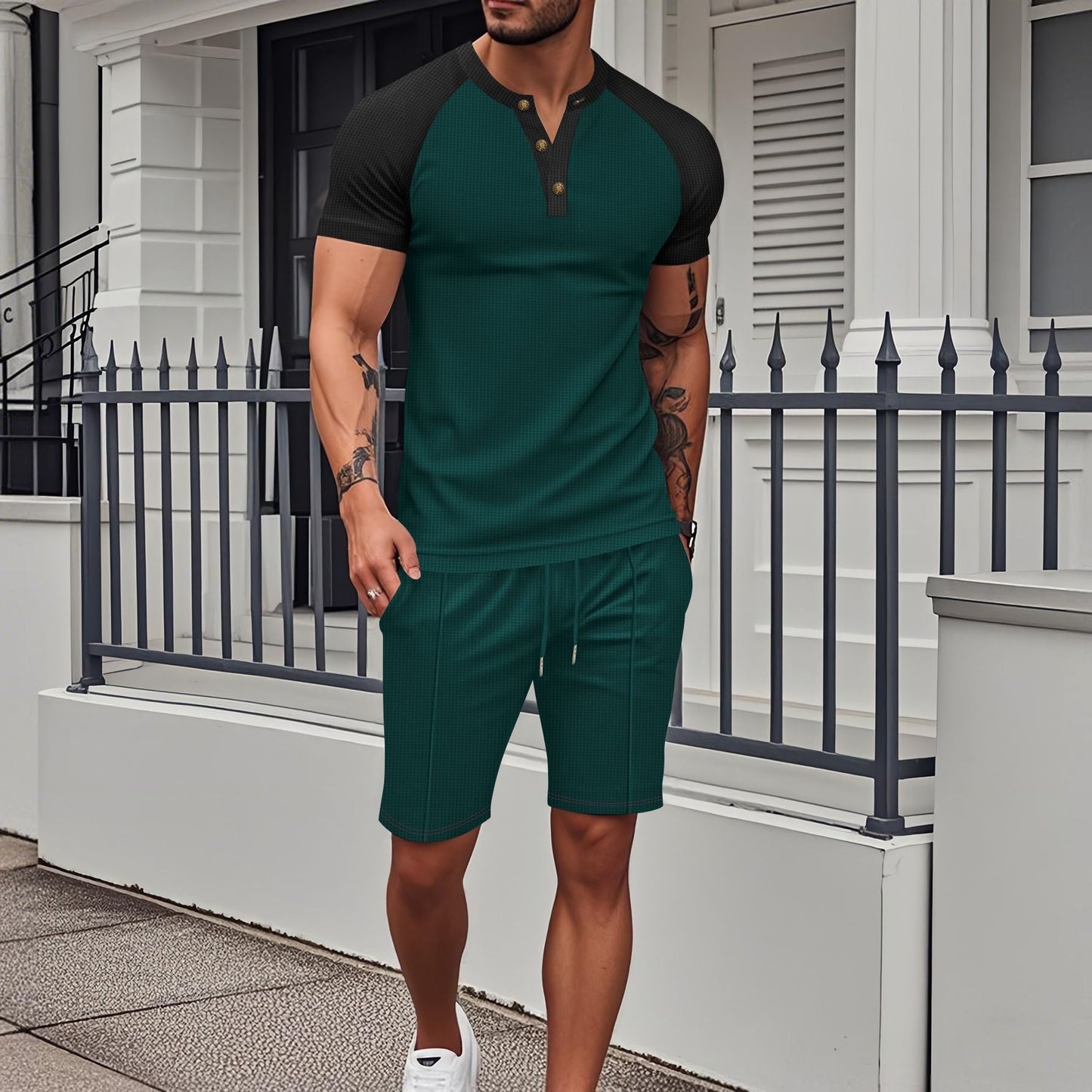 Herren Sportoberteil Knopfleiste mit passenden Shorts Sportlich