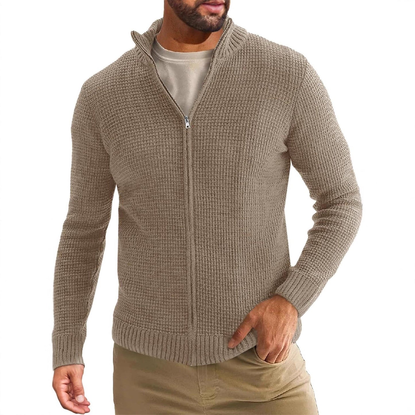 Herren Strickjacke Lang Reißverschluss Hochkragen Winter - BerlinGlamour