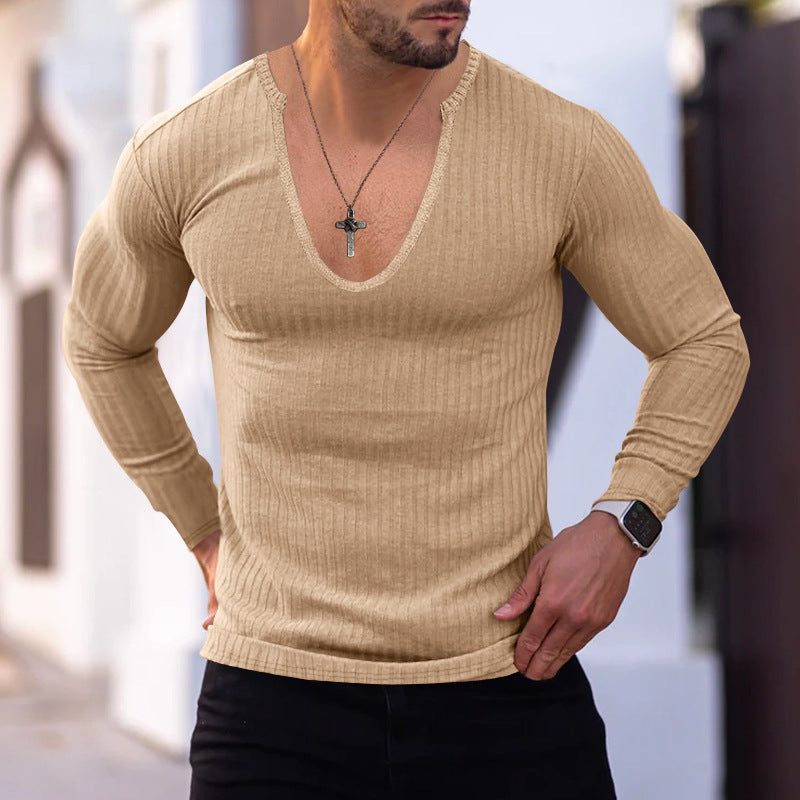 Herren Langarm-Shirt V-Ausschnitt Strukturiert Modern Trendy