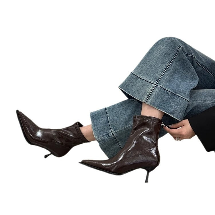 Damen Stiefeletten Spitz Schuhe Glänzend Elegant Schwarz