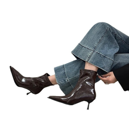 Damen Stiefeletten Spitz Schuhe Glänzend Elegant Schwarz