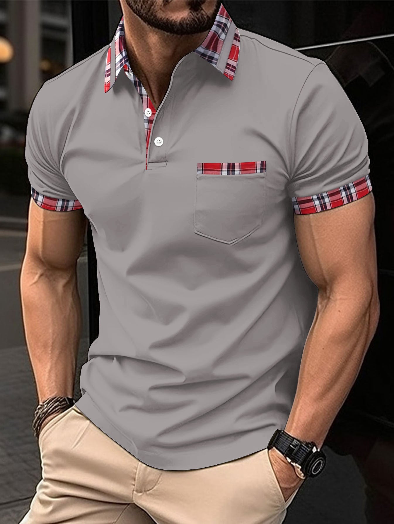 Herren Polohemd Kariert Praktisch mit Brusttasche Modern