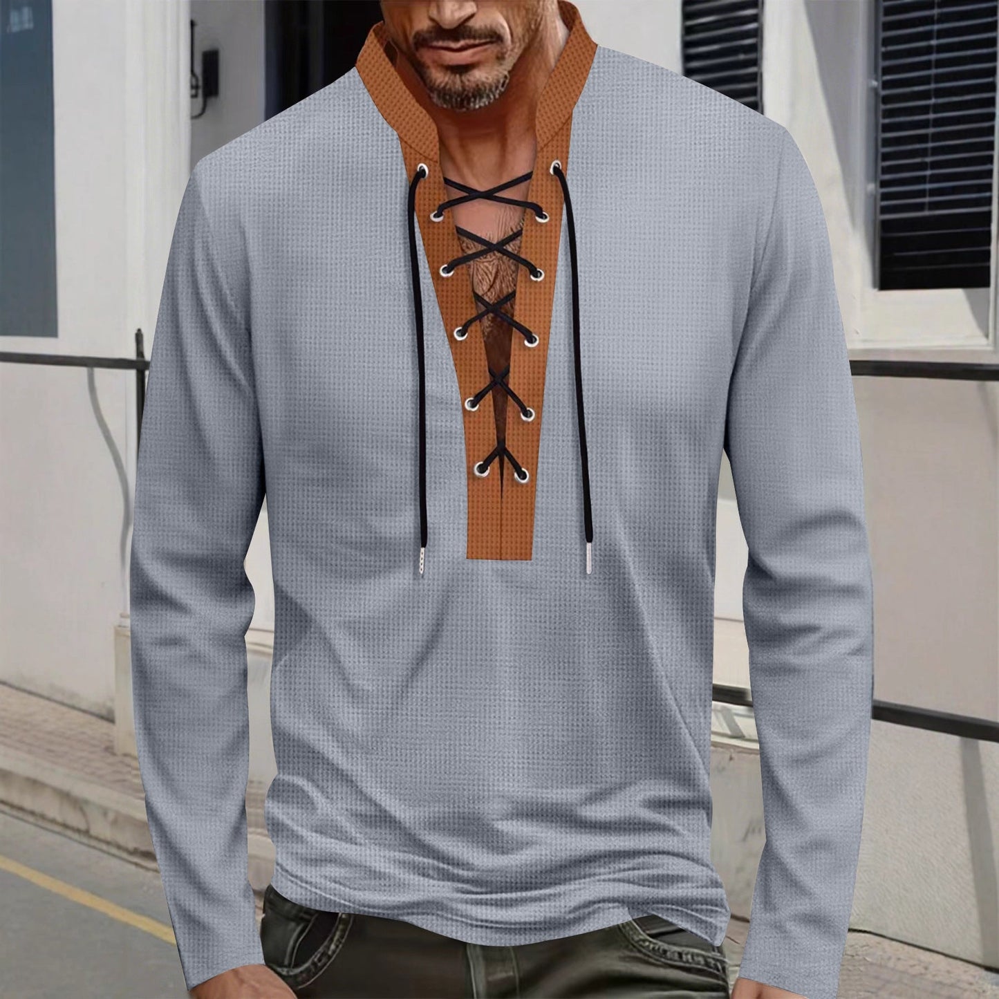 Herren Langarmshirt Lässig Schnürdetails Modern